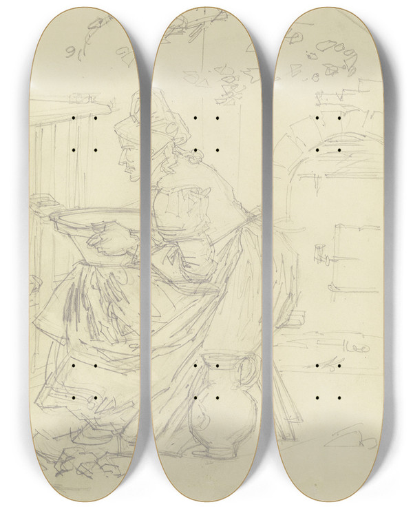 Triptych art skateboard deck of Theodor Alt Frau In Der Tracht Des Mittelalters Am Herd Beschftigt by Theodor Alt (1846-1937)