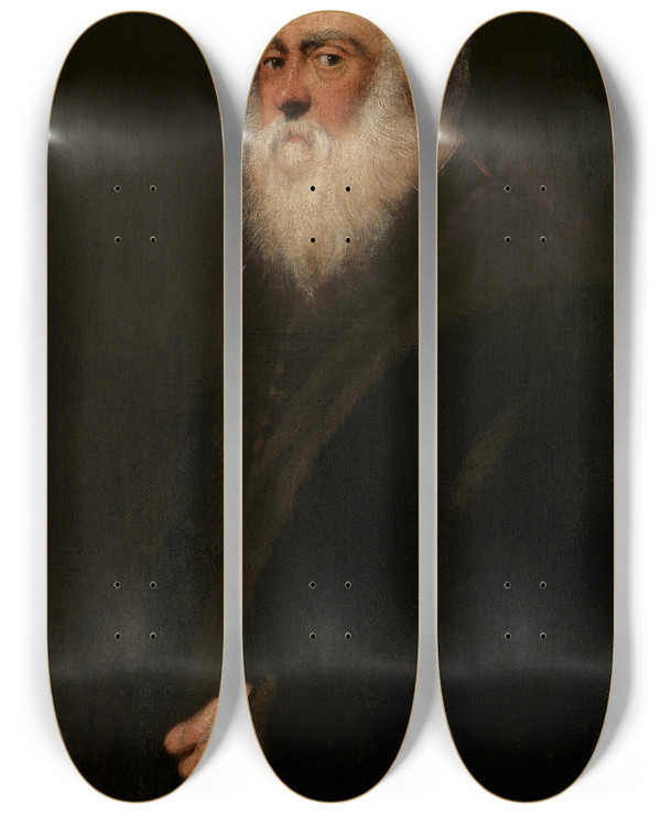 Triptych art skateboard deck of Jacopo Tintoretto Man With A White Beard by Jacopo Tintoretto (1518-1594)