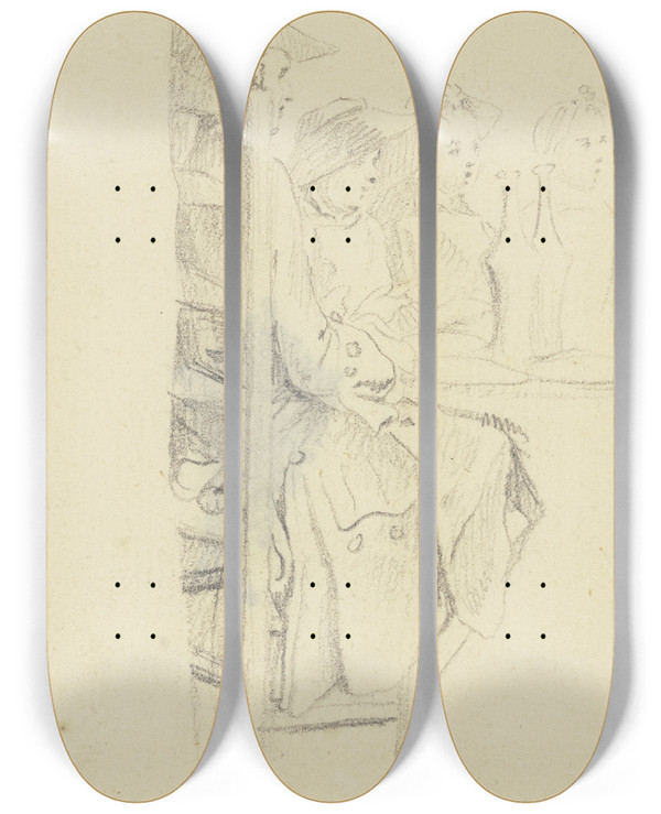 Triptych art skateboard deck of Daniel Nikolaus Chodowiecki Dinner Party by Daniel Nikolaus Chodowiecki (1726-1801)