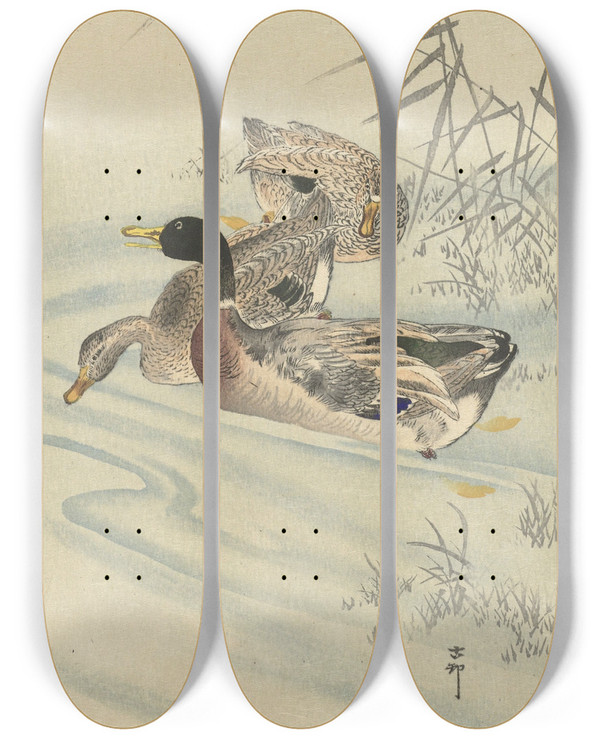 Triptych art skateboard deck of Ohara Koson Three Ducks In Shallow Water With Reed by Ohara Koson (1877-1945)