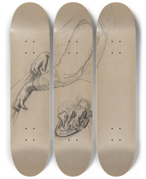 Triptych art skateboard deck of French School Young Womans Hands And Beribboned Hat by French School (16-19-)