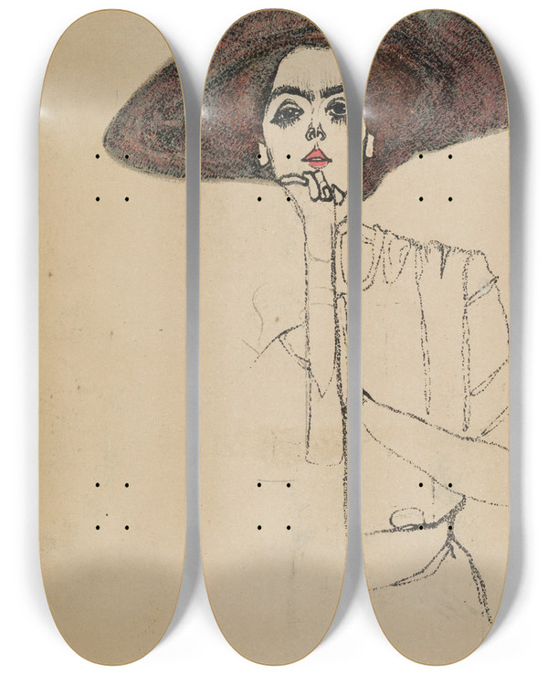 Triptych art skateboard deck of Egon Schiele Portrait Of A Woman_3 by Egon Schiele (1890-1918)
