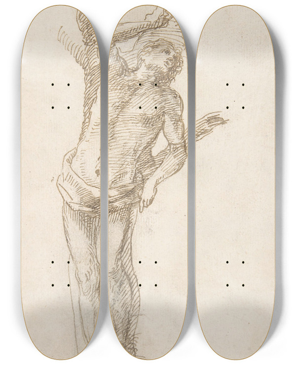 Triptych art skateboard deck of Pedro Duque Y Cornejo Saint Sebastian Tied To A Tree by Pedro Duque Y Cornejo (1677-1757)