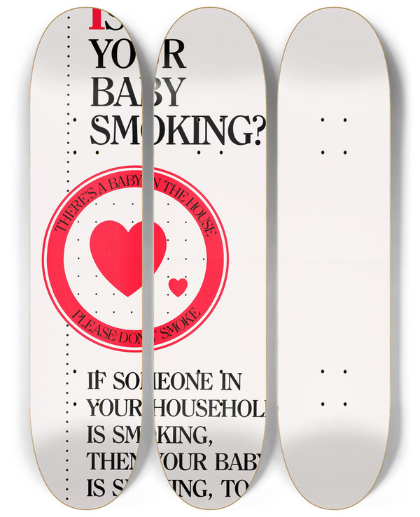 Triptych art skateboard deck of Us Department Of Health Human Services Is Your Baby Smoking by U.S.. Department of Health & Human Services (1953)