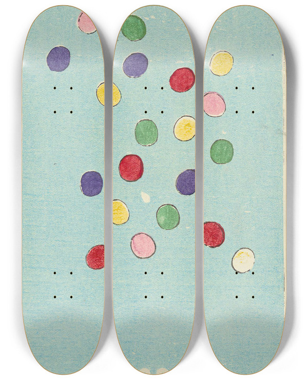 Triptych art skateboard deck of Jinta Hirayama Illustrated Catalogue Of Daylight Bomb Shells No 28 by Jinta Hirayama (19-)