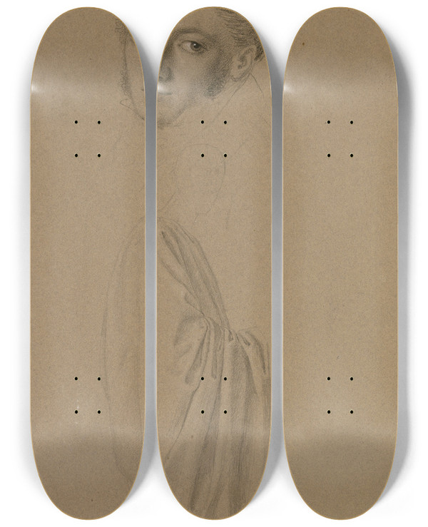 Triptych art skateboard deck of Carl Barth Bildnis Eines Unbekannten Jungen Mannes Eine Manteltragende Gestalt by Carl Barth (1787-1853)