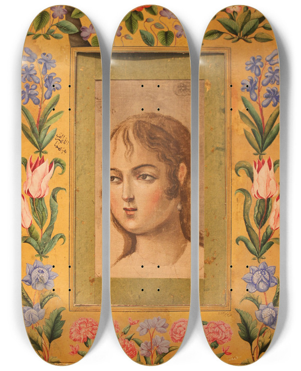Triptych art skateboard deck of Muhammad Sadiq Painting Of A Young Beauty by Muhammad Sadiq (1740)