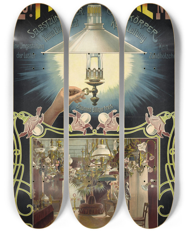 Triptych art skateboard deck of Eduard Dcker Luster Fabriksniederlage Excesior Sebstzndender Gaskrper by Eduard Docker