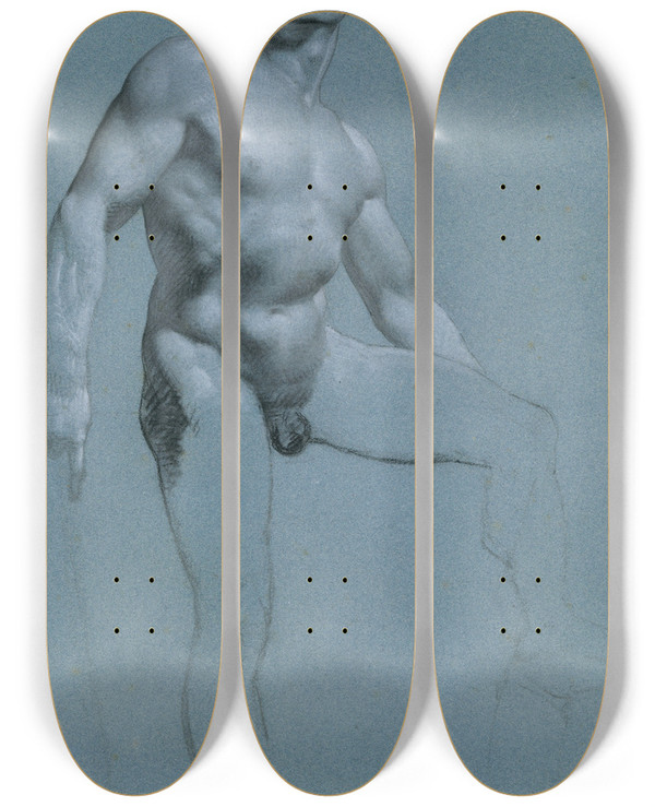 Triptych art skateboard deck of Pierrepaul Prudhon Standing Male Nude by Pierre-Paul Prud'hon (1758-1823)