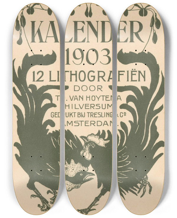 Triptych art skateboard deck of Theo Van Hoytema Aankondiging Voor Kalender 1903_2 by Theo Van Hoytema (1863-1917)