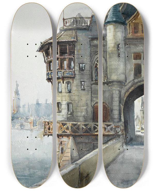 Triptych art skateboard deck of Laure Brouardel Exposition De 1900 Le Vieux Paris_1 by Laure Brouardel (1852-1935)