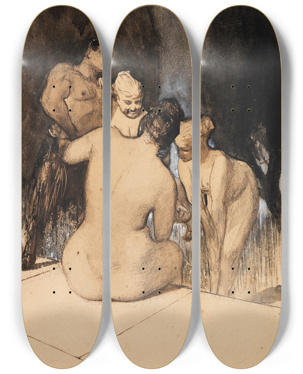 Triptych art skateboard deck of Franz Von Stuck Satyr Mit Nymphen Und Kind by Franz Von Stuck (1863-1928)