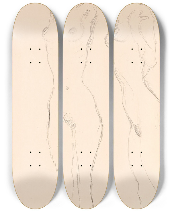 Triptych art skateboard deck of Gustav Klimt Two Nudes The Left One With Raised Arms by Gustav Klimt (1862-1918)