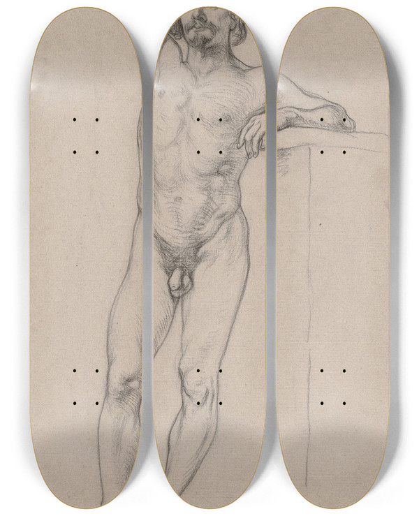 Triptych art skateboard deck of Otto Scholderer Stehender Mnnlicher Akt_1 by Otto Scholderer (1834-1902)