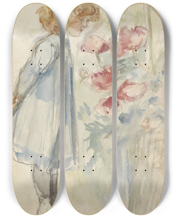 Triptych art skateboard deck of Jozef Israls Staand Meisje In Bloementuin by Jozef Israels (1824-1911)