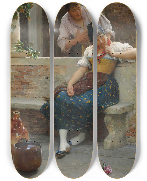 Triptych art skateboard deck of Eugen Von Blaas The Proposal by Eugen Von Blaas (1843-1931)