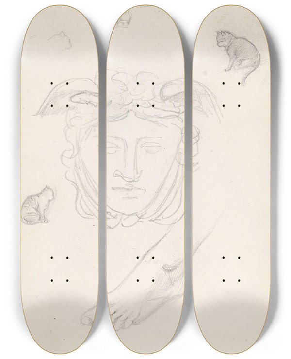 Triptych art skateboard deck of Adolph Tidemand Ansiktsrelieff Fot Katter by Adolph Tidemand (1814-1876)