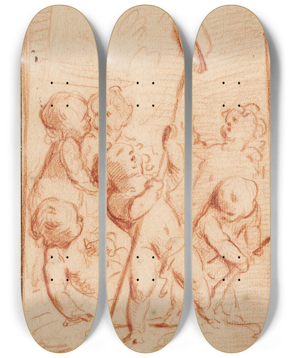 Triptych art skateboard deck of Jacob De Wit Vrijheid Putti Met Vrijheidshoed by Jacob de Wit (1695-1754)