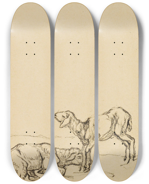 Triptych art skateboard deck of Franz Marc Zwei Lmmer by Franz Marc (1880-1916)