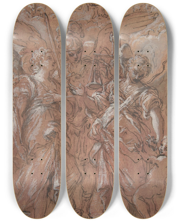 Triptych art skateboard deck of Giuseppe Passeri The Archangels Gabriel Michael And Raphael by Giuseppe Passeri (1654-1714)