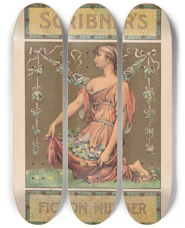 Triptych art skateboard deck of Will Hicock Low Scribners Fiction Number_2 by Will Hicock Low (1853-1932)