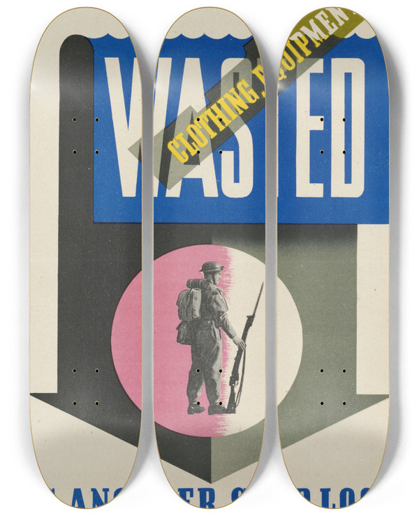 Triptych art skateboard deck of Abram Games Wasted Clothing Equipment Is Another Ship Lost by Abram Games (1914-1996)