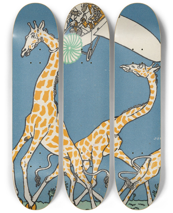 Triptych art skateboard deck of Moriz Jung Bloodless Giraffe Hunt Unblutige Jagd Auf Giraffen by Moriz Jung (1885-1915)
