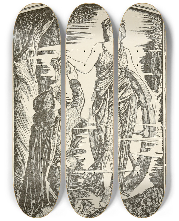 Triptych art skateboard deck of Henry Justice Ford The Gift Of Fortuna by Henry Justice Ford (1860-1941)