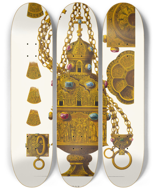 Triptych art skateboard deck of Fedor Grigoryevich Solntsev Zolotoe Kadilo Sdelannoe Po Poveleniiu Tsaria Feodora Alekseevicha by Fedor Grigoryevich Solntsev (1801-1892)
