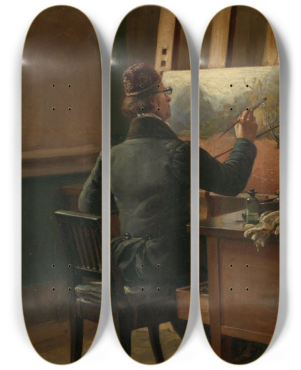 Triptych art skateboard deck of Siegwald Dahl The Painter Jc Dahl At His Easel by Siegwald Dahl (1827-1902)