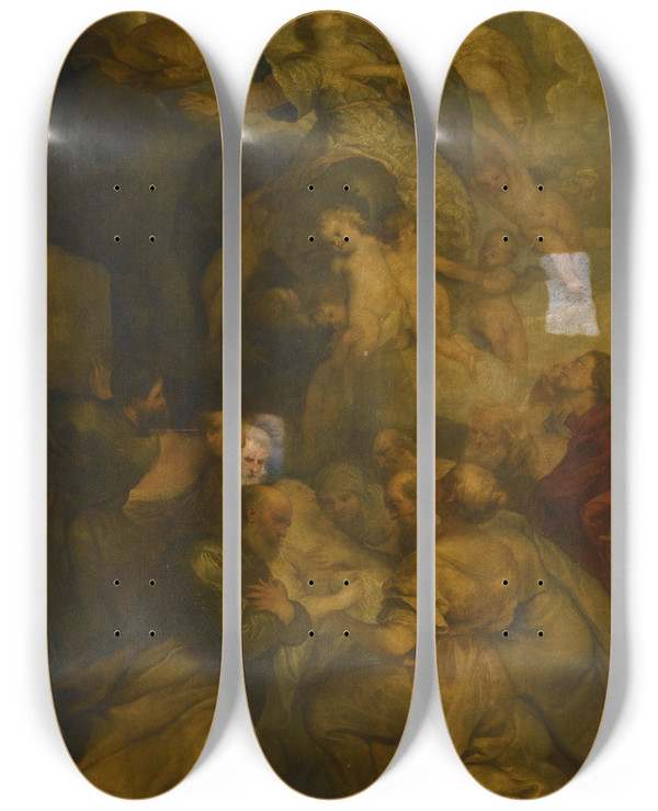 Triptych art skateboard deck of Cornelis Schut Death Assumption And Coronation Of The Virgin by Cornelis Schut (1597-1655)