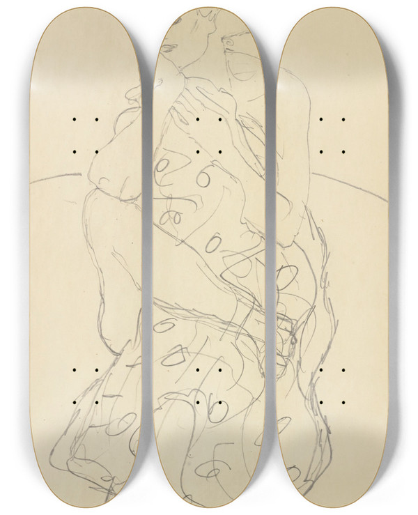 Triptych art skateboard deck of Gustav Klimt Sitzender Halbakt Von Vorne Den Kopf Nach Links Gewendet Seated Seminude Seen Headon With Her Head Turned To The Left by Gustav Klimt (1862-1918)