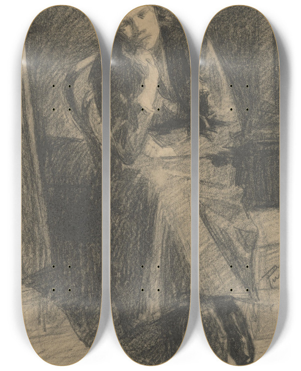 Triptych art skateboard deck of Eduard Putra Seated Woman Propping Up Chin by Eduard Putra (1883-1915)