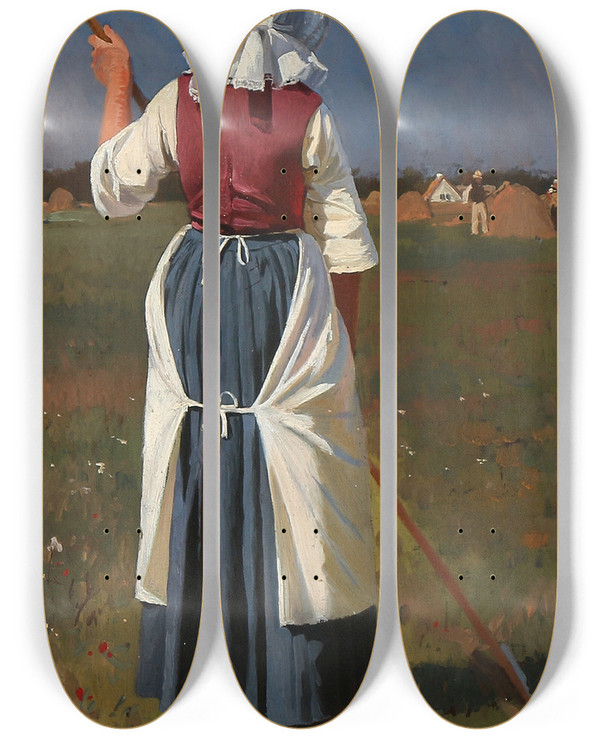 Triptych art skateboard deck of Frants Henningsen En Rygvendt Bondekone Der Arbejder I Solen by Frants Henningsen (1850-1908)