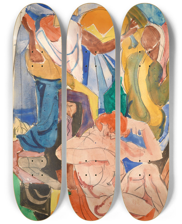 Triptych art skateboard deck of James Henry Daugherty Study For Muraldecoration by James Henry Daugherty (1889-1974)