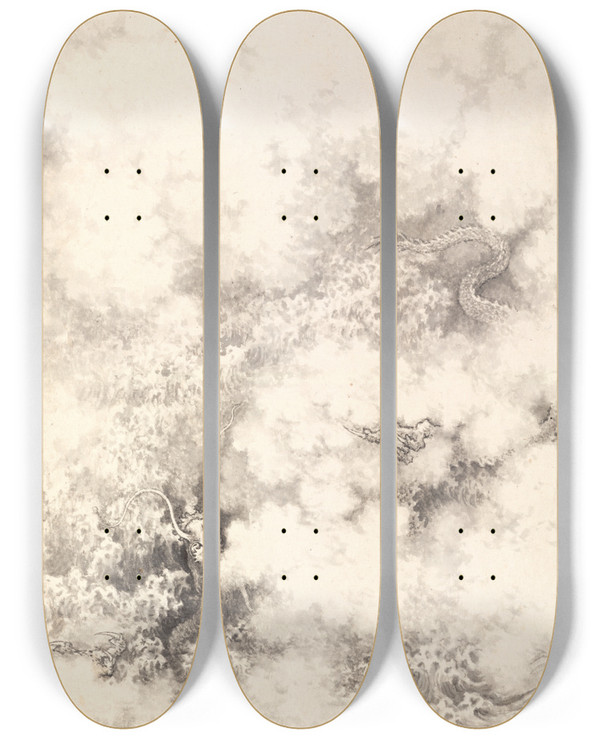 Triptych art skateboard deck of Min Zhen Dragon Amid Clouds by Min Zhen (1730-1788)