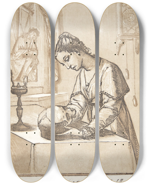 Triptych art skateboard deck of Andrea Andreani Meditating Woman With A Skull by Andrea Andreani (1540-1623)