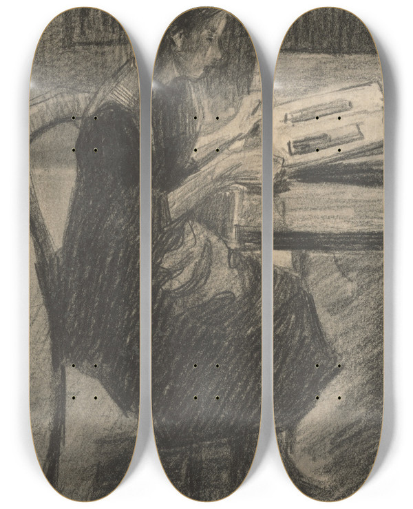 Triptych art skateboard deck of Eduard Putra Woman Reading At The Table by Eduard Putra (1883-1915)