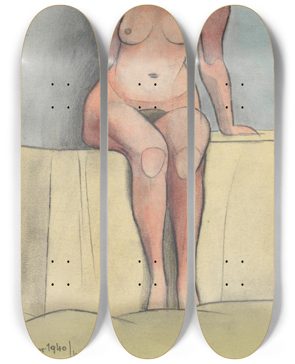 Triptych art skateboard deck of Karl Wiener Sitzender Weiblicher Akt by Karl Wiener (1901-1949)