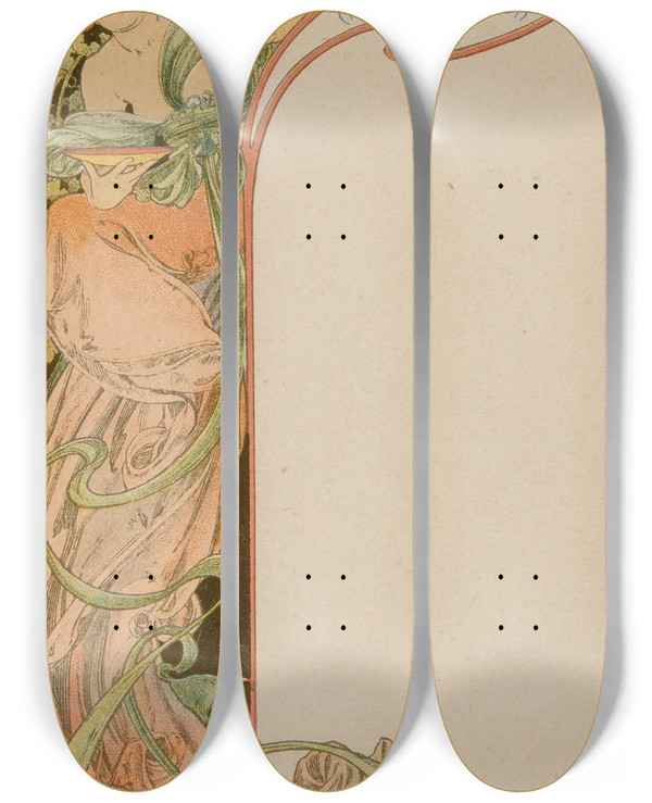 Triptych art skateboard deck of Alphonse Mucha Menu Card_3 by Alphonse Mucha (1860-1939)