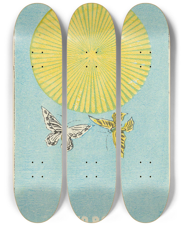 Triptych art skateboard deck of Jinta Hirayama Illustrated Catalogue Of Daylight Bomb Shells No 82 by Jinta Hirayama (19-)