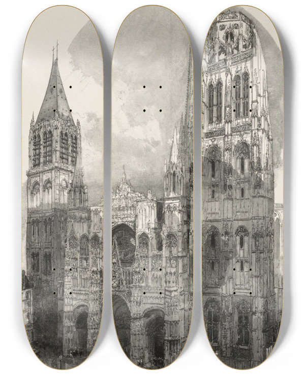 Triptych art skateboard deck of Auguste Louis Lepre Rouen Illustr La Cathedrale De Rouen by Auguste Louis Lepere (1849-1918)