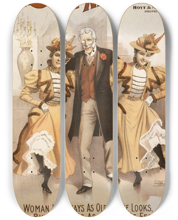 Triptych art skateboard deck of Strobridge Co Lith Hoyts A Stranger In New York_2 by Strobridge Co Lith (1847)