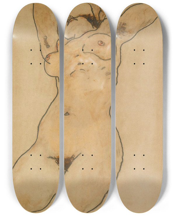 Triptych art skateboard deck of Egon Schiele Liegende Reclining Nude by Egon Schiele (1890-1918)
