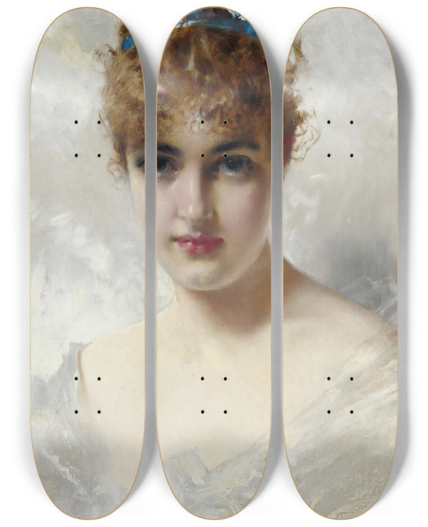 Triptych art skateboard deck of Vittorio Matteo Corcos Portrait Of A Young Woman In White by Vittorio Matteo Corcos (1859-1933)
