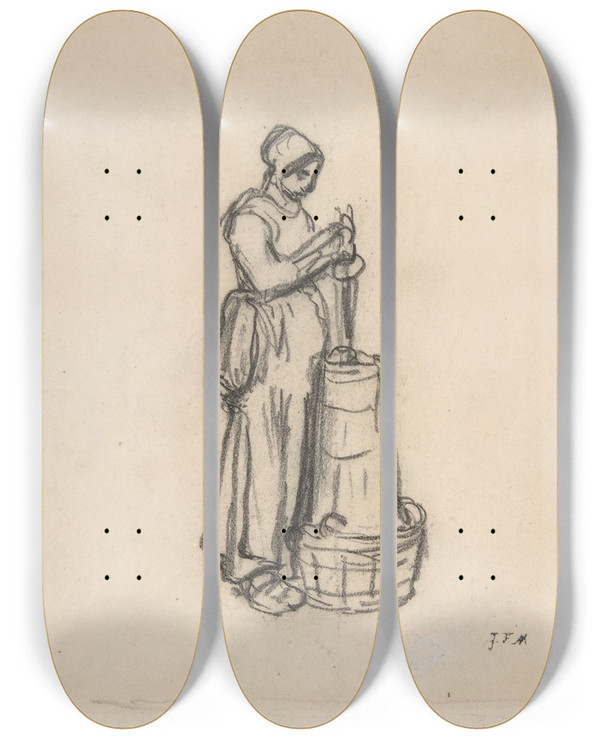 Triptych art skateboard deck of Jeanfranois Millet Woman With A Churn by Jean-Franois Millet (1814-1875)
