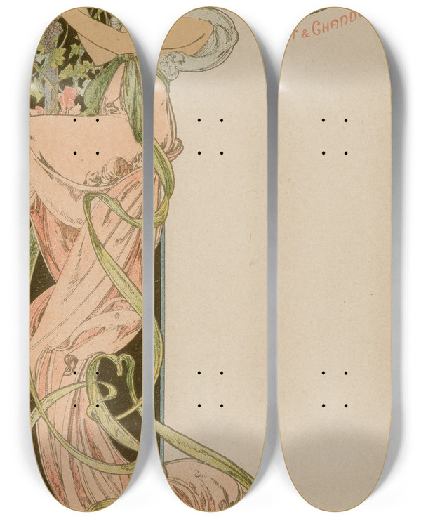 Triptych art skateboard deck of Alphonse Mucha Menu Card_2 by Alphonse Mucha (1860-1939)