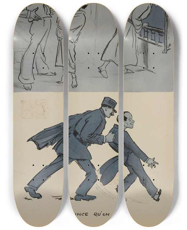 Triptych art skateboard deck of Georges Goursat Sem Branlebas Au Gaillard Darrire by Georges Goursat (Sem) (1863-1934)