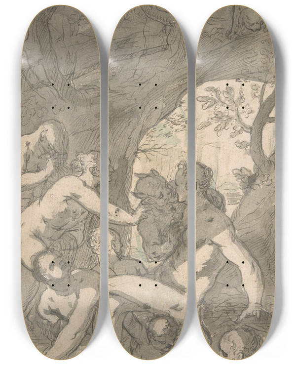 Triptych art skateboard deck of Balthasar Katzenberger Women Bathing In A Wood Surprised By A Satyr by Balthasar Katzenberger (1580-1627)