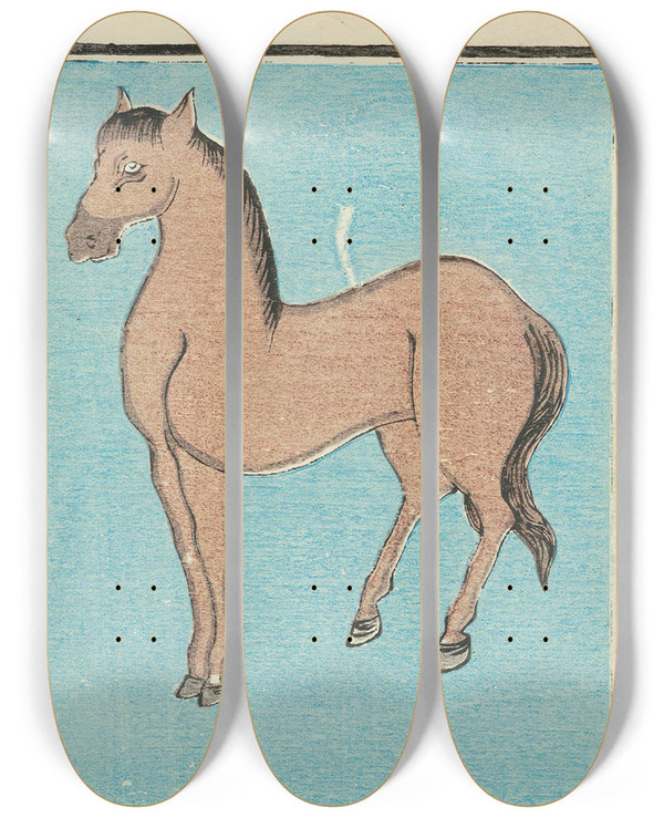 Triptych art skateboard deck of Jinta Hirayama Illustrated Catalogue Of Daylight Bomb Shells No 61 by Jinta Hirayama (19-)